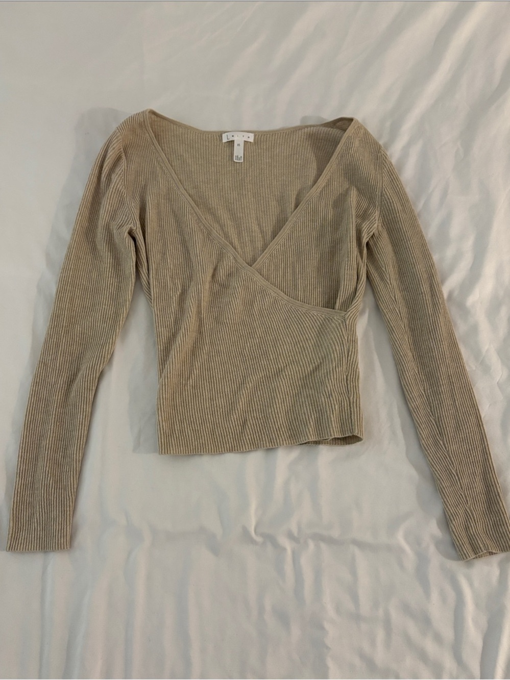 Leith Ribbed Wrap-Front Long Sleeve Top - Beige